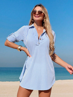 Vestido Camisa Listrado Midi com Botões