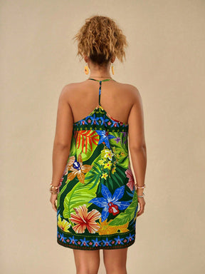 Vestido Estampado Com Plantas Tropicais Pintado Plus Size