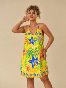 Vestido Estampado Com Plantas Tropicais Pintado Plus Size