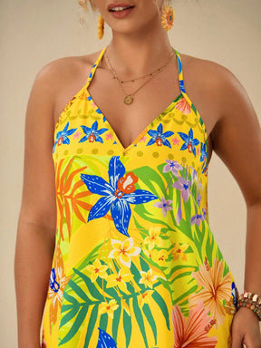 Vestido Estampado Com Plantas Tropicais Pintado Plus Size